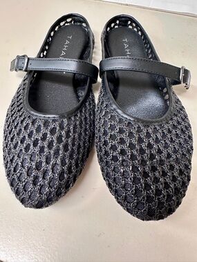 Tahari Black Crochet Mary Jane Flats with Adjustable Strap
